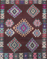 Vintage kilim rug in room decor setting, old rug, antique rug, pastel colors, faded colors, Turkish rug, vintage rug, soft rug, Portland, Oregon, rug store, rug shop, local shop,  antique kilim rug, bold colors, bright colors, faded colors