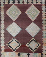 Vintage kilim rug in room decor setting, old rug, antique rug, pastel colors, faded colors, Turkish rug, vintage rug, soft rug, Portland, Oregon, rug store, rug shop, local shop,  antique kilim rug, bold colors, bright colors, faded colors