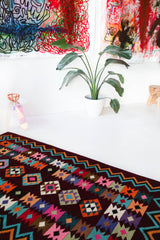 Vintage kilim rug in living room setting, bright colors, wild shaman, soft rug, bold color, Portland, Oregon, rug store, rug shop, local shop, vintage rug, modern kilim, warm colors, antique rug, antique kilim