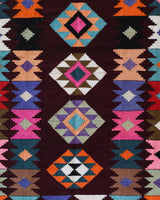 Vintage kilim rug in living room setting, bright colors, wild shaman, soft rug, bold color, Portland, Oregon, rug store, rug shop, local shop, vintage rug, modern kilim, warm colors, antique rug, antique kilim
