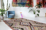 Vintage kilim rug in living room setting, old rug, antique rug, pastel colors, faded colors, Turkish rug, vintage rug, soft rug, Portland, Oregon, rug store, rug shop, local shop, earthy tones, earthy colors, warm colors