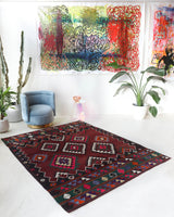 Vintage kilim rug in living room setting, bright colors, wild shaman, soft rug, bold color, Portland, Oregon, rug store, rug shop, local shop, vintage rug, modern kilim, warm colors, antique rug, antique kilim