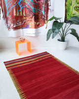 Vintage kilim rug in living room setting, bright colors, wild shaman, soft rug, bold color, Portland, Oregon, rug store, rug shop, local shop, vintage rug, modern kilim, warm colors, antique kilim rug