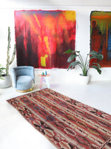 Vintage kilim rug in living room setting, bright colors, wild shaman, soft rug, bold color, Portland, Oregon, rug store, rug shop, local shop, vintage rug, modern kilim, warm colors