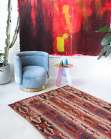 Vintage kilim rug in living room setting, bright colors, wild shaman, soft rug, bold color, Portland, Oregon, rug store, rug shop, local shop, vintage rug, modern kilim, warm colors