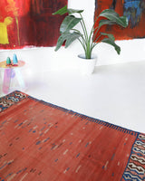 Vintage kilim rug in living room setting, old rug, antique rug, pastel colors, faded colors, Turkish rug, vintage rug, soft rug, Portland, Oregon, rug store, rug shop, local shop, earthy tones, earthy colors, warm colors