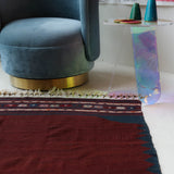 Vintage kilim rug in living room setting, bright colors, wild shaman, soft rug, bold color, Portland, Oregon, rug store, rug shop, local shop, vintage rug, modern kilim, warm colors, antique rug, antique kilim