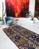 Vintage kilim rug in living room setting, bright colors, wild shaman, soft rug, bold color, Portland, Oregon, rug store, rug shop, local shop, vintage rug, modern kilim, warm colors, antique rug, antique kilim