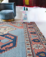 Vintage Turkish rug in living room setting, old rug, antique rug, pastel colors, faded colors, Turkish rug, vintage rug, soft rug, Portland, Oregon, rug store, rug shop, local shop