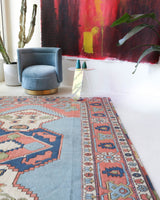 Vintage Turkish rug in living room setting, old rug, antique rug, pastel colors, faded colors, Turkish rug, vintage rug, soft rug, Portland, Oregon, rug store, rug shop, local shop