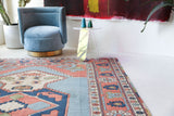 Vintage Turkish rug in living room setting, old rug, antique rug, pastel colors, faded colors, Turkish rug, vintage rug, soft rug, Portland, Oregon, rug store, rug shop, local shop