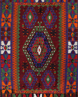 Vintage kilim rug in living room setting, bright colors, wild shaman, soft rug, bold color, Portland, Oregon, rug store, rug shop, local shop, vintage rug, modern kilim, warm colors, antique rug, antique kilim