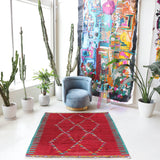 Vintage kilim rug in living room setting, bright colors, wild shaman, soft rug, bold color, Portland, Oregon, rug store, rug shop, local shop, vintage rug, modern kilim, warm colors, antique kilim rug