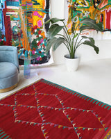 Vintage kilim rug in living room setting, bright colors, wild shaman, soft rug, bold color, Portland, Oregon, rug store, rug shop, local shop, vintage rug, modern kilim, warm colors, antique kilim rug
