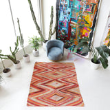  Vintage kilim rug in room decor setting, old rug, antique rug, pastel colors, faded colors, Turkish rug, vintage rug, soft rug, Portland, Oregon, rug store, rug shop, local shop,  antique kilim rug, bold colors, bright colors, faded colors