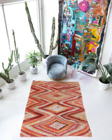  Vintage kilim rug in room decor setting, old rug, antique rug, pastel colors, faded colors, Turkish rug, vintage rug, soft rug, Portland, Oregon, rug store, rug shop, local shop,  antique kilim rug, bold colors, bright colors, faded colors