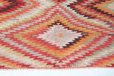  Vintage kilim rug in room decor setting, old rug, antique rug, pastel colors, faded colors, Turkish rug, vintage rug, soft rug, Portland, Oregon, rug store, rug shop, local shop,  antique kilim rug, bold colors, bright colors, faded colors