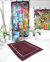 Vintage kilim rug in living room setting, bright colors, wild shaman, soft rug, bold color, Portland, Oregon, rug store, rug shop, local shop, vintage rug, modern kilim, warm colors, antique kilim rug