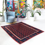 Vintage kilim rug in living room setting, bright colors, wild shaman, soft rug, bold color, Portland, Oregon, rug store, rug shop, local shop, vintage rug, modern kilim, warm colors, antique kilim rug