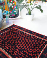 Vintage kilim rug in living room setting, bright colors, wild shaman, soft rug, bold color, Portland, Oregon, rug store, rug shop, local shop, vintage rug, modern kilim, warm colors, antique kilim rug