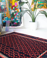 Vintage kilim rug in living room setting, bright colors, wild shaman, soft rug, bold color, Portland, Oregon, rug store, rug shop, local shop, vintage rug, modern kilim, warm colors, antique kilim rug