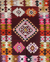 Vintage kilim rug in living room setting, bright colors, wild shaman, soft rug, bold color, Portland, Oregon, rug store, rug shop, local shop, vintage rug, modern kilim, warm colors, antique rug, antique kilim