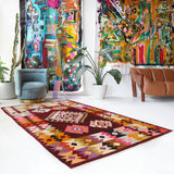 Vintage kilim rug in living room setting, bright colors, wild shaman, soft rug, bold color, Portland, Oregon, rug store, rug shop, local shop, vintage rug, modern kilim, warm colors, antique rug, antique kilim