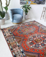 Vintage Turkish rug in a living room setting, Area rug in a living room setting, pile rug, Turkish rug, custom rug, modern rug, portland, rug shop, bright colors, wild shaman, soft rug, bold color, Portland, Oregon, rug store, rug shop, local shop