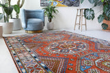 Vintage Turkish rug in a living room setting, Area rug in a living room setting, pile rug, Turkish rug, custom rug, modern rug, portland, rug shop, bright colors, wild shaman, soft rug, bold color, Portland, Oregon, rug store, rug shop, local shop