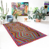 Vintage kilim rug in living room setting, bright colors, wild shaman, soft rug, bold color, Portland, Oregon, rug store, rug shop, local shop, vintage rug, modern kilim, warm colors, antique kilim rug