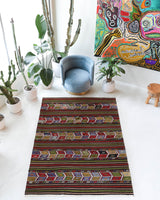 Vintage kilim rug in living room setting, bright colors, wild shaman, soft rug, bold color, Portland, Oregon, rug store, rug shop, local shop, vintage rug, modern kilim, warm colors, antique kilim rug