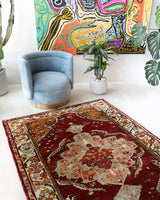 Vintage Turkish rug in a living room setting, Area rug in a living room setting, pile rug, Turkish rug, custom rug, modern rug, portland, rug shop, bright colors, wild shaman, soft rug, bold color, Portland, Oregon, rug store, rug shop, local shop