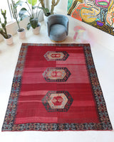 Vintage kilim rug in living room setting, bright colors, wild shaman, soft rug, bold color, Portland, Oregon, rug store, rug shop, local shop, vintage rug, modern kilim, warm colors, antique kilim rug