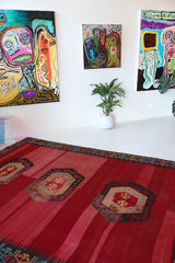 Vintage kilim rug in living room setting, bright colors, wild shaman, soft rug, bold color, Portland, Oregon, rug store, rug shop, local shop, vintage rug, modern kilim, warm colors, antique kilim rug