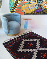 Vintage kilim rug in living room setting, bright colors, wild shaman, soft rug, bold color, Portland, Oregon, rug store, rug shop, local shop, vintage rug, modern kilim, warm colors, antique kilim rug