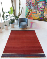 Vintage kilim rug in living room setting, bright colors, wild shaman, soft rug, bold color, Portland, Oregon, rug store, rug shop, local shop, vintage rug, modern kilim, warm colors, antique kilim rug