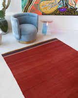 Vintage kilim rug in living room setting, bright colors, wild shaman, soft rug, bold color, Portland, Oregon, rug store, rug shop, local shop, vintage rug, modern kilim, warm colors, antique kilim rug