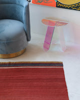 Vintage kilim rug in living room setting, bright colors, wild shaman, soft rug, bold color, Portland, Oregon, rug store, rug shop, local shop, vintage rug, modern kilim, warm colors, antique kilim rug