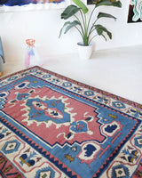 Vintage Turkish rug in a living room setting, pile rug, Turkish rug, vintage rug, portland, rug shop, bright colors, wild shaman, soft rug, bold color, Portland, Oregon, rug store, rug shop, local shop, antique rug