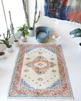 Vintage Turkish rug in a living room setting, pile rug, Turkish rug, vintage rug, portland, rug shop, bright colors, wild shaman, soft rug, bold color, Portland, Oregon, rug store, rug shop, local shop, antique rug