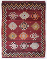 Vintage kilim rug in room decor setting, old rug, antique rug, pastel colors, faded colors, Turkish rug, vintage rug, soft rug, Portland, Oregon, rug store, rug shop, local shop, bold colors, bright colors, faded colors