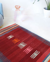 Vintage kilim rug in living room setting, bright colors, wild shaman, soft rug, bold color, Portland, Oregon, rug store, rug shop, local shop, vintage rug, modern kilim, warm colors, antique kilim rug