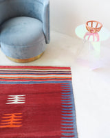 Vintage kilim rug in living room setting, bright colors, wild shaman, soft rug, bold color, Portland, Oregon, rug store, rug shop, local shop, vintage rug, modern kilim, warm colors, antique kilim rug