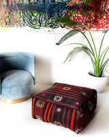 Floor pouf in a living room setting, pillow, turkish pillow, kilim pillow, home decor, decorative pillow, sham, rug pillow,  decor, home decor, pouf, floor cushion, cushion, Portland, rugshop, Oregon, Wild Shaman, ottoman