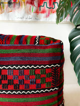 Floor pouf in a living room setting, pillow, turkish pillow, kilim pillow, home decor, decorative pillow, sham, rug pillow,  decor, home decor, pouf, floor cushion, cushion, Portland, rugshop, Oregon, Wild Shaman, ottoman