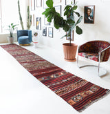 Vintage Turkish runner rug in a living room setting, pile rug, Turkish rug, vintage rug, portland, rug shop, bright colors, wild shaman, soft rug, bold color, Portland, Oregon, rug store, rug shop, local shop, antique rug