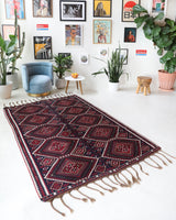 Vintage kilim rug in living room setting, bright colors, wild shaman, soft rug, bold color, Portland, Oregon, rug store, rug shop, local shop, vintage rug, modern kilim, warm colors