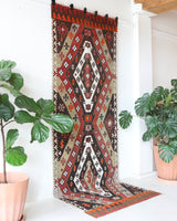 Vintage Turkish runner rug in a living room setting, pile rug, Turkish rug, vintage rug, portland, rug shop, bright colors, wild shaman, soft rug, bold color, Portland, Oregon, rug store, rug shop, local shop, antique rug