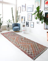 Vintage Turkish runner rug in living room setting, old rug, antique rug, pastel colors, faded colors, Turkish rug, vintage rug, soft rug, Portland, Oregon, rug store, rug shop, local shop