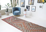 Vintage Turkish runner rug in living room setting, old rug, antique rug, pastel colors, faded colors, Turkish rug, vintage rug, soft rug, Portland, Oregon, rug store, rug shop, local shop